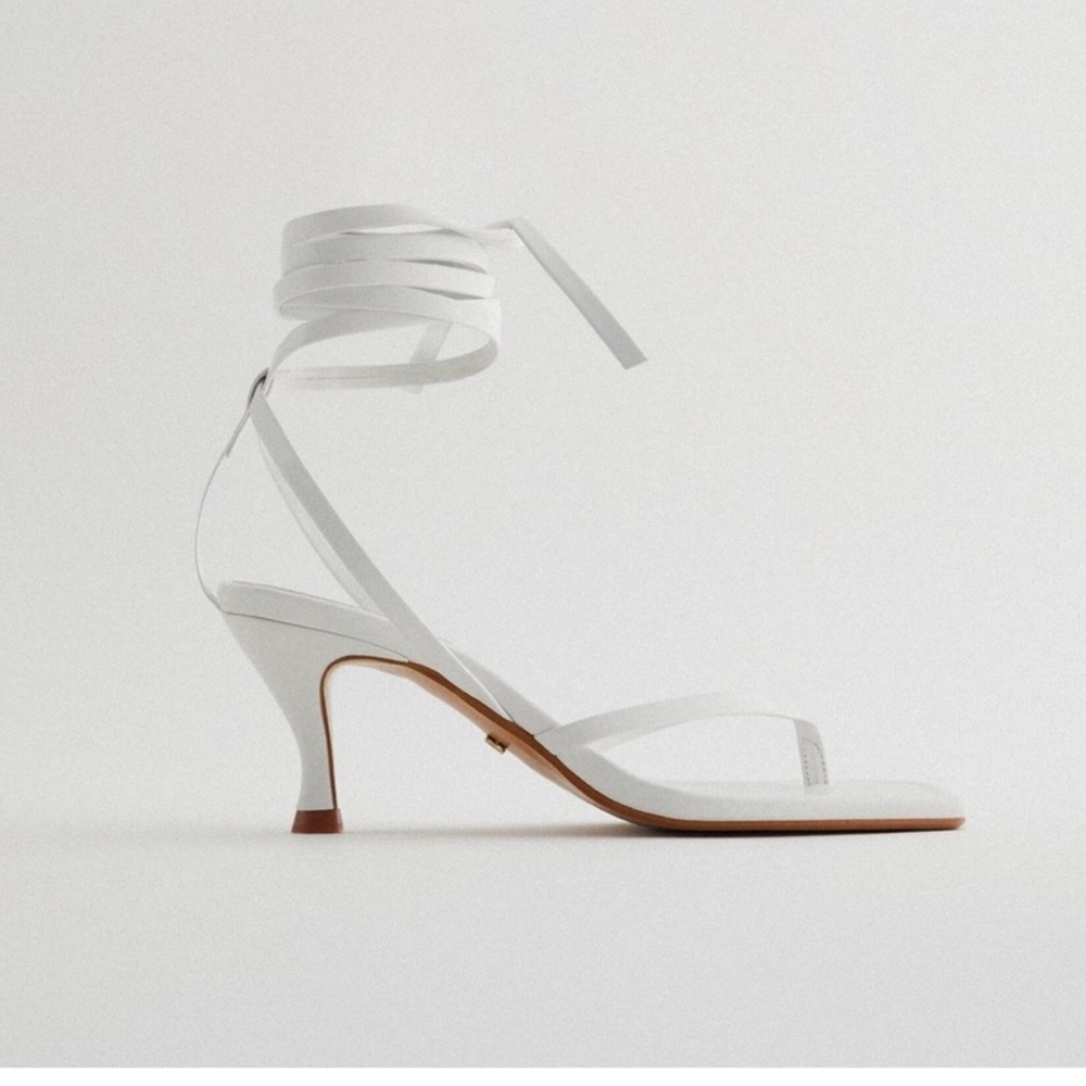 Zara Leather Square Toe Heeled Sandals – White, Size 10